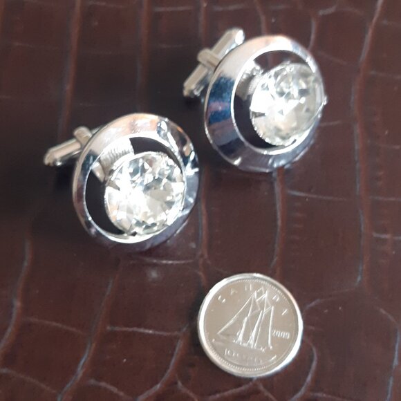 Vintage Large Cuff Links Silver Tone w/ Cut Glass Centre- Unique - Picture 3 of 6